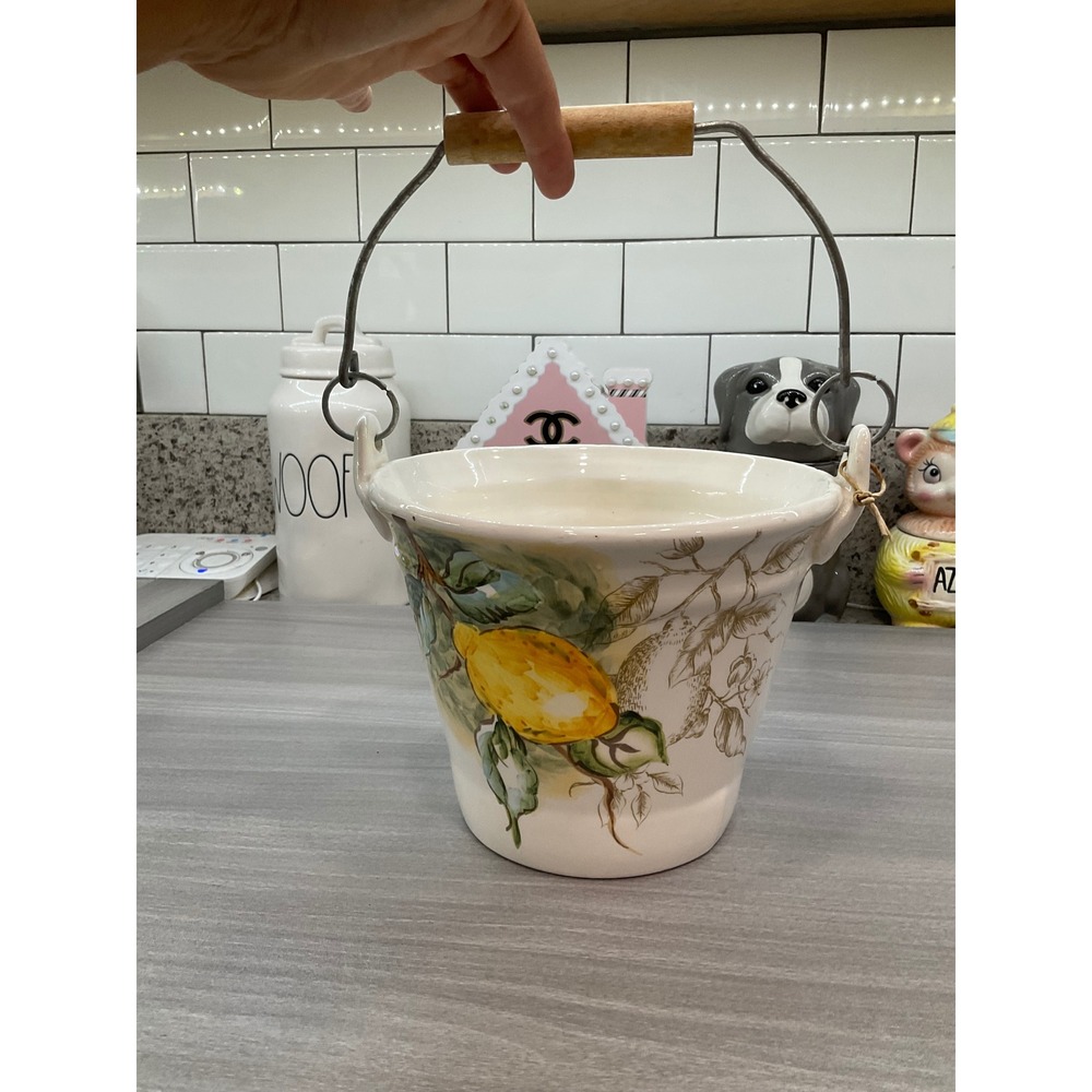 MAXCERA LEMONS COLLECTION CERAMIC PAIL BUCKET WITH‎ WOOD HANDLE - Picture 12 of 13